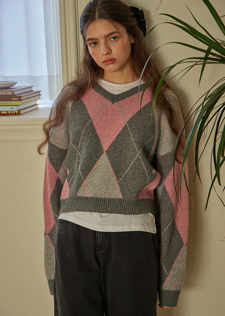 CLASSIC WOOL ARGYLE KNIT_2COLORS_PINK